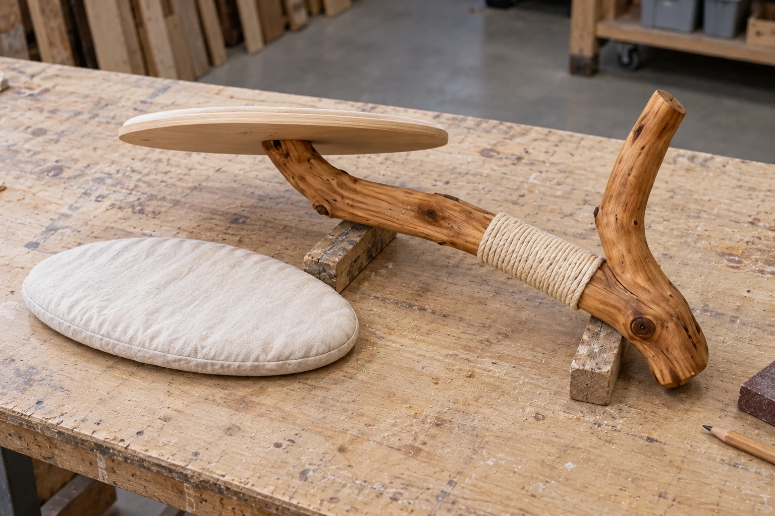 A small Alva module on the workbench with its removable cushion alongside.