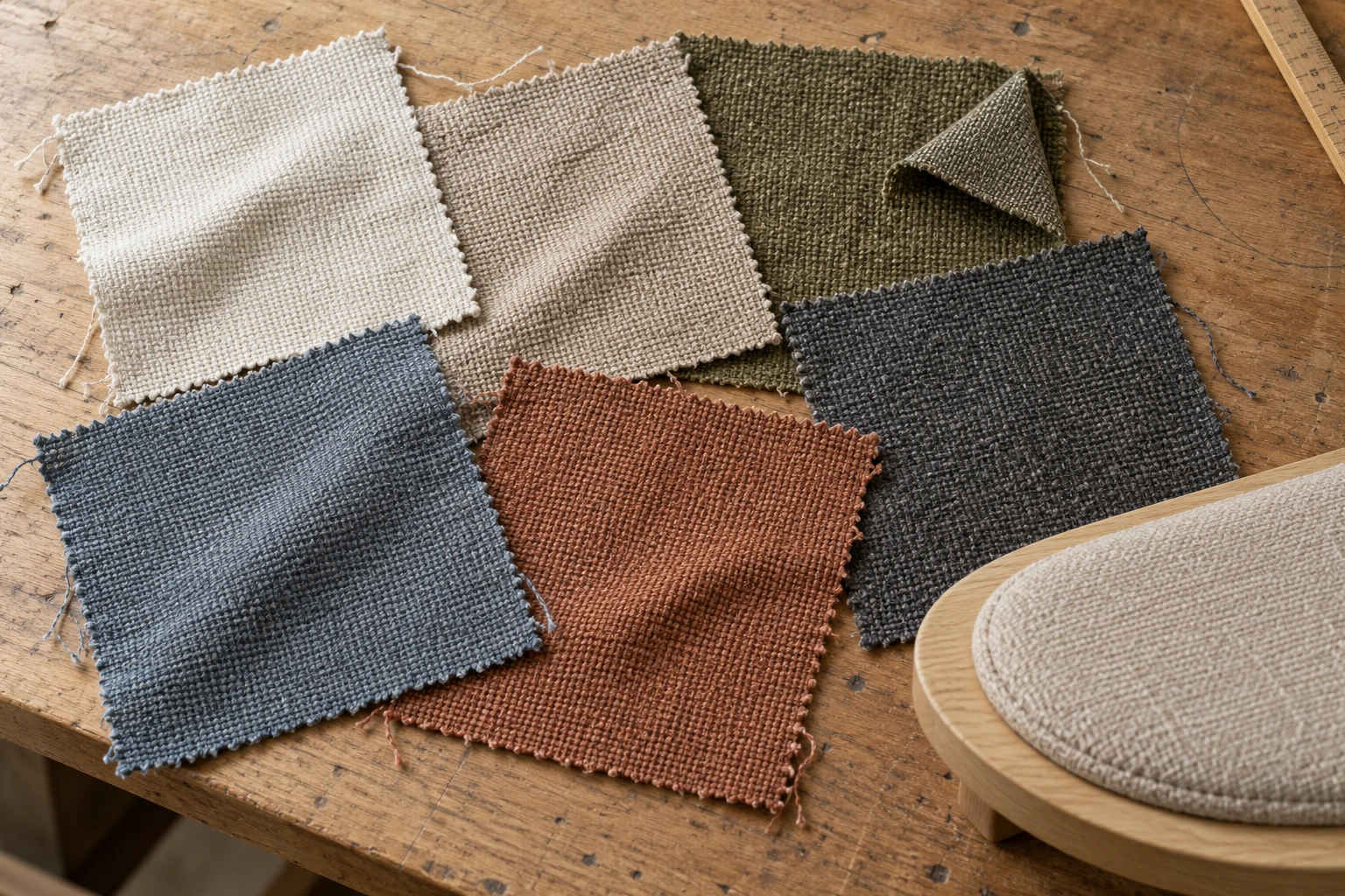 Six textured upholstery swatches in natural, olive, blue, terracotta and charcoal tones on a wooden workbench.