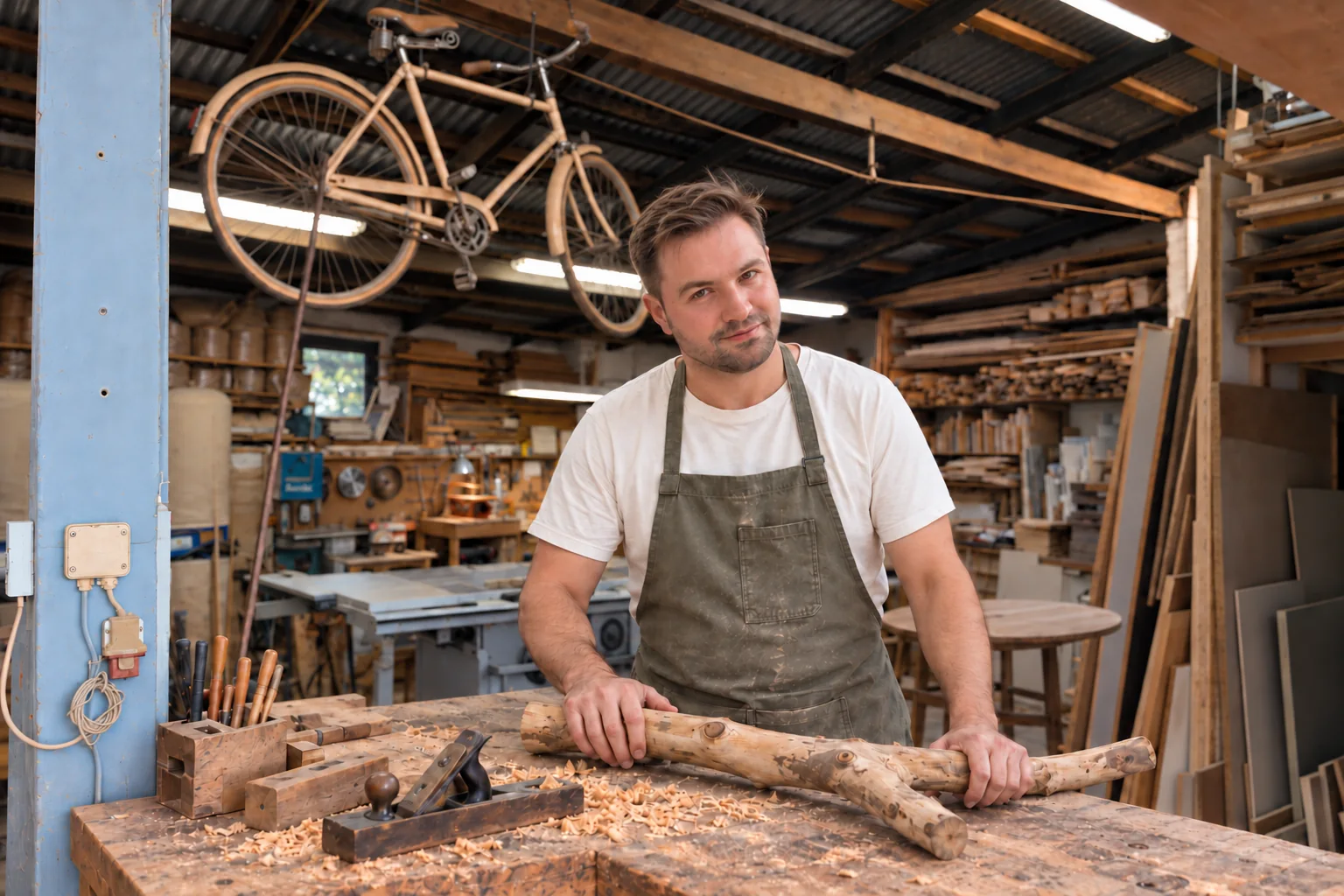 Paul-Adrien at a workbench with a natural branch.