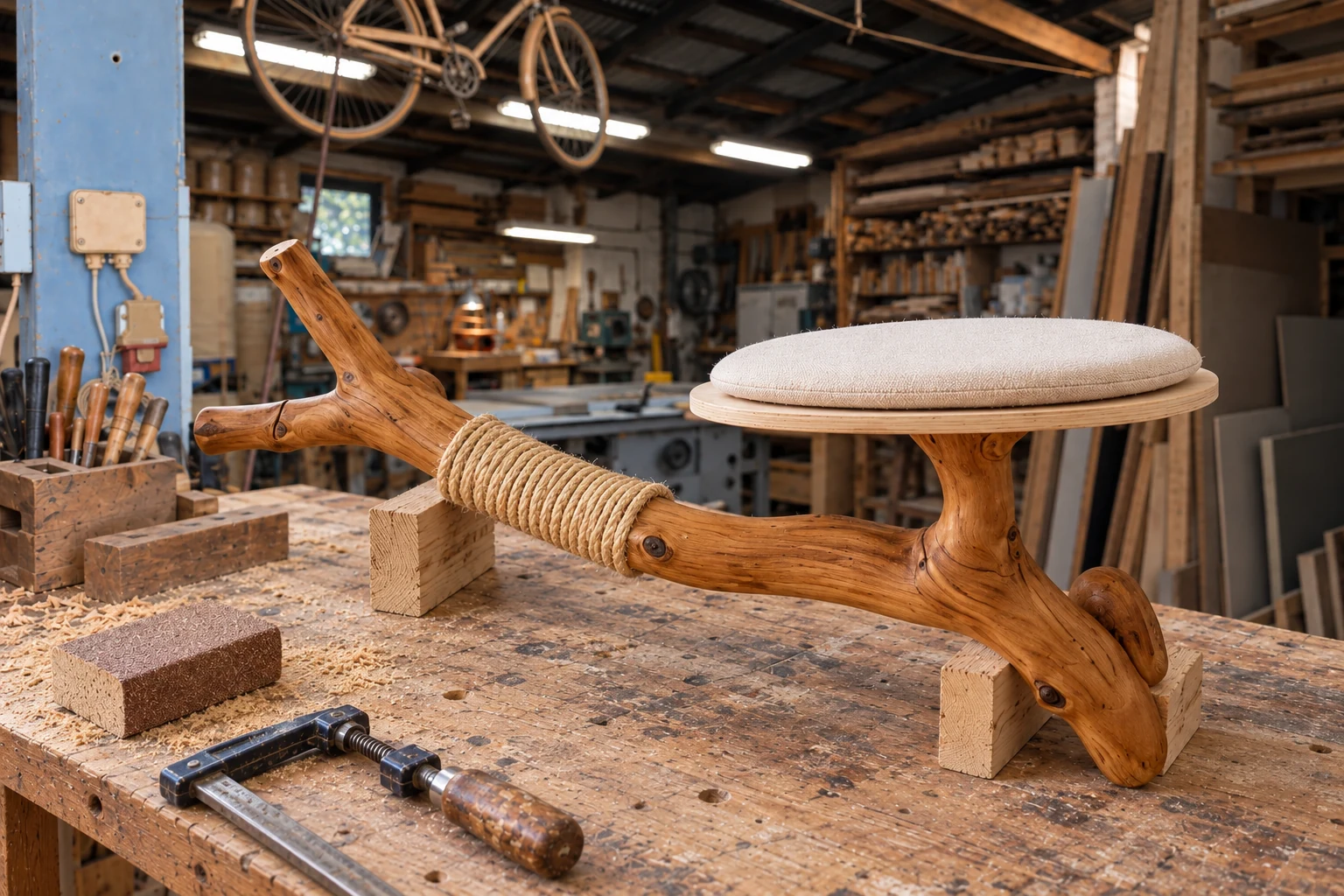 Lapa’s lower branch module with a cream cushion and sisal wrap on a workbench.