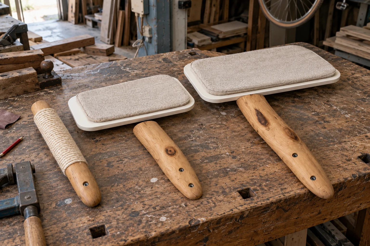 Ninho’s two wooden supports, padded off-white platforms and sisal scratcher laid out on a workbench.