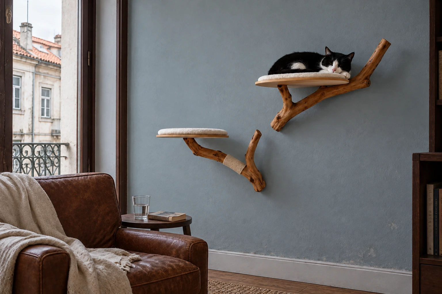 Two compact Alva branch perches on a blue-grey wall beside a leather chair, with a black-and-white cat.