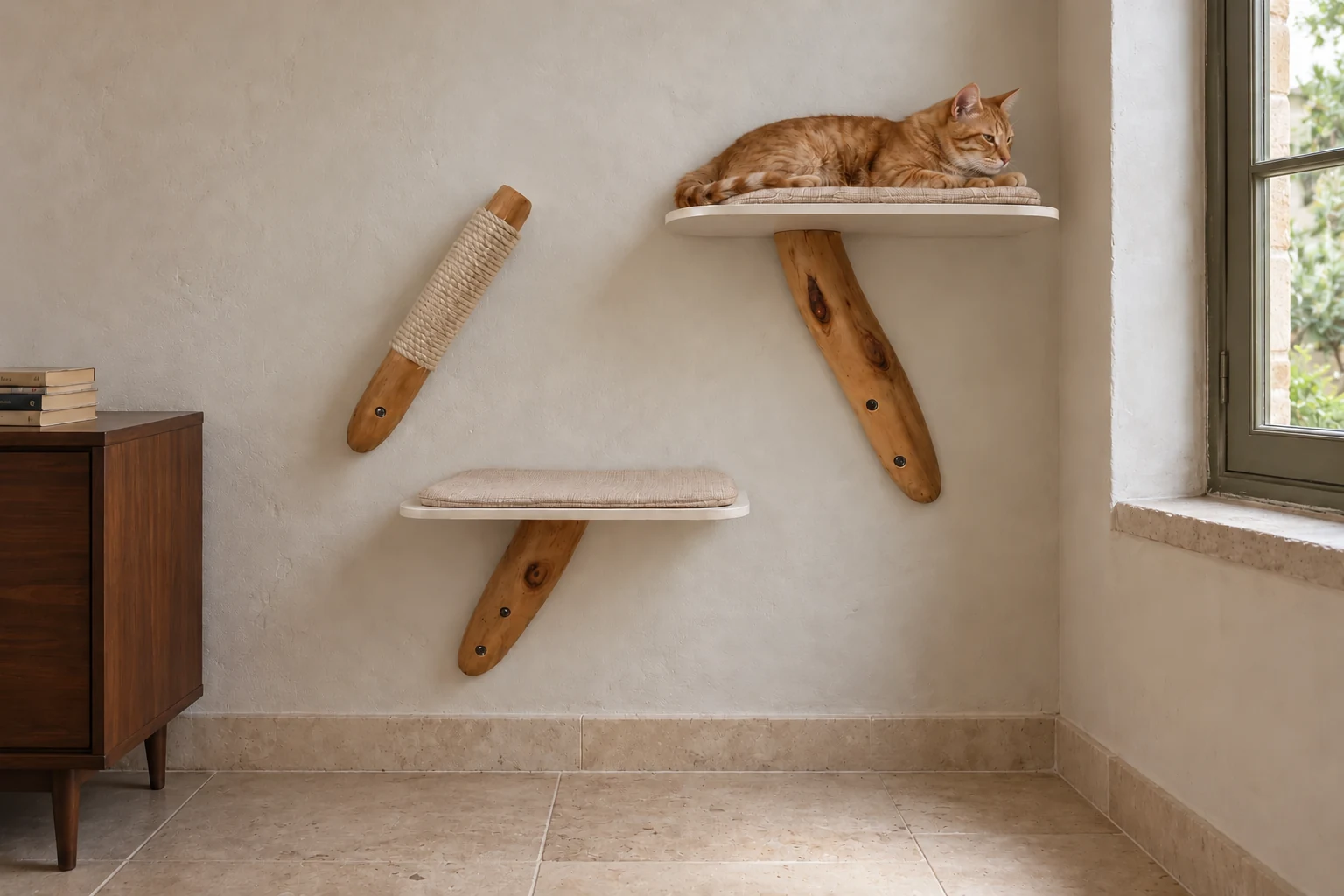 Ninho’s two off-white perches and separate sisal scratcher on an ivory wall above a limestone floor, beside a courtyard window, with a ginger cat resting on the upper perch.
